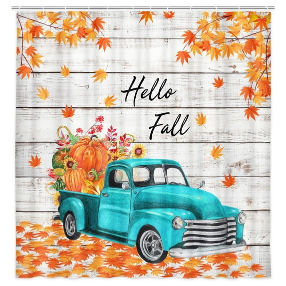 Fall Fabric Shower Curtain, Vintage Truck Pumpkin Sunflower Autumn Maple Leaves Shower Curtain, Thanksgiving Harvest Bathroom Curtain with Hooks 69 x 70 Inch