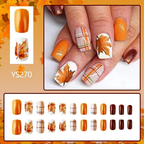Fall Fake Nails Square Press on Nails Medium Length False Nails Glitter Acrylic Nails Line Maple Leaf Glue on Nails Autumn Nails Press ons Orange Thanksgiving Press on Nails for Women Manicure Decor