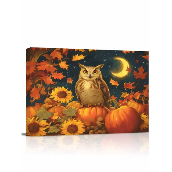 Fall Fall Canvas Print Wall Art Framed Canvas Art Wall Decor Moon Owl Sunflowers Pumpkin Maple Leaves Pictures Painting Morden Artwork for Living Room Bedroom, Ready to Hang - 12"x16"