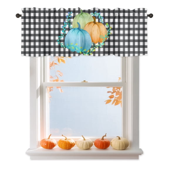Fall Fall Pumpkin Buffalo Plaid Valances for Windows, Rod Pocket Valance Short Window Treatments Curtains for Kitchen Bathroom Bedroom Decor, 60 x 18 Inches