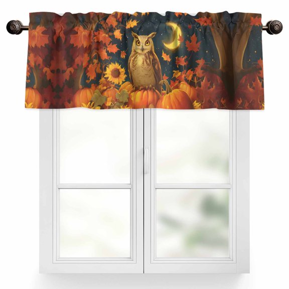 Fall Fall Valances for Windows, 42 x 12in, Moon Owl Sunflowers Pumpkin Maple Leaves Rod Pocket Kitchen Valance Curtain Light Filtering Window Treatments for Living Room Bedroom, 1 Panel