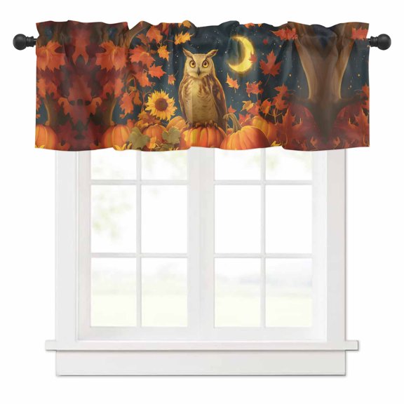 Fall Fall Valances for Windows Moon Owl Sunflowers Pumpkin Maple Leaves Rod Pocket Curtain Valance Window Treatment Short Curtains for Kitchen Living Room, 58"x16"