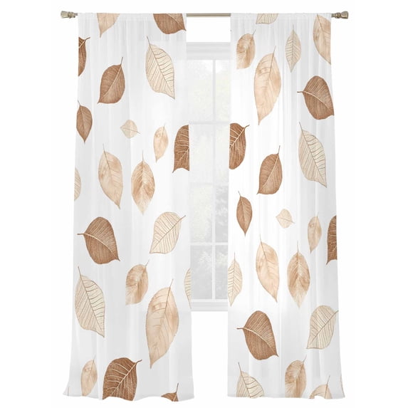 Fall Fallen Leaves Sheer Curtains 2 Panels Set Brown Watercolor Leaf Silhouette Sheer Window Curtains Light Filtering Rod Pocket Voile Drapes for Bedroom Living Room 52"X96"