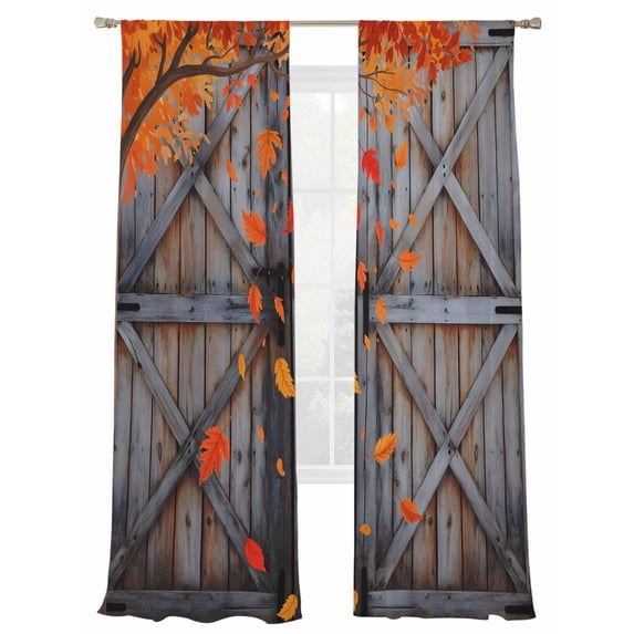 Fall Fallen Leaves Sheer Curtains 2 Panels Set Red Brown Leaf Wood Grain Autumn Sheer Window Curtains Light Filtering Rod Pocket Voile Drapes for Bedroom Living Room 52"X96"