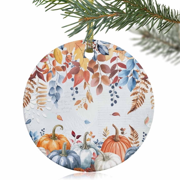 Fall Fallen Leaves Thanksgiving Pumpkin Blue Christmas Ceramic Ornament 2025,3" Round Xmas Tree Hanging Accessories with Gold Ribbon