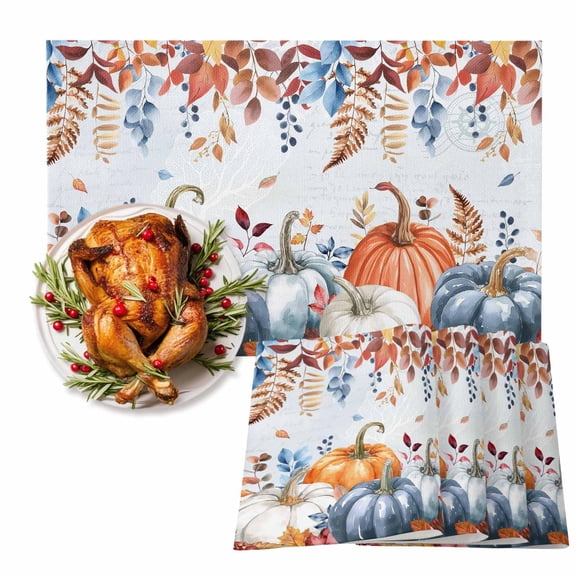 Fall Fallen Leaves Thanksgiving Pumpkin Blue Placemats Set of 6,Wipeable Washable Table Mats for Dining Tables, Watercolor Leaves Place Mats for Kitchen Event Party Tabletop Decor