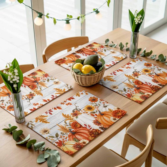 Fall Fallen Leaves Wood Plank Placemats Set of 4,Wipeable Washable Table Mats for Dining Tables, Thanksgiving Pumpkin Flower Place Mats for Kitchen Event Party Tabletop Decor