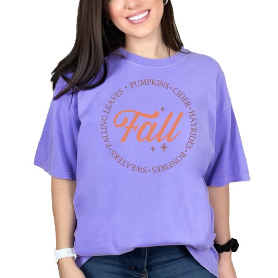 Fall, Falling Leaves, Pumpkins, Cider, Hayrides, Bonfires, Sweaters, Merch, Violet Comfort Colors T-Shirt, 3XL