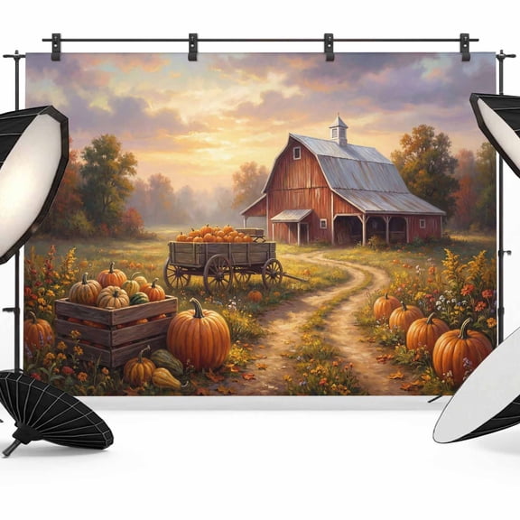 Fall Farm Backdrops for Photography, Country Harvest Farmhouse Orange Pumpkin Barn Tree Fabric Photo Background Sturdy Studio Props for Photo Studio, Video Recording, Booth & Photoshoot 7x5ft