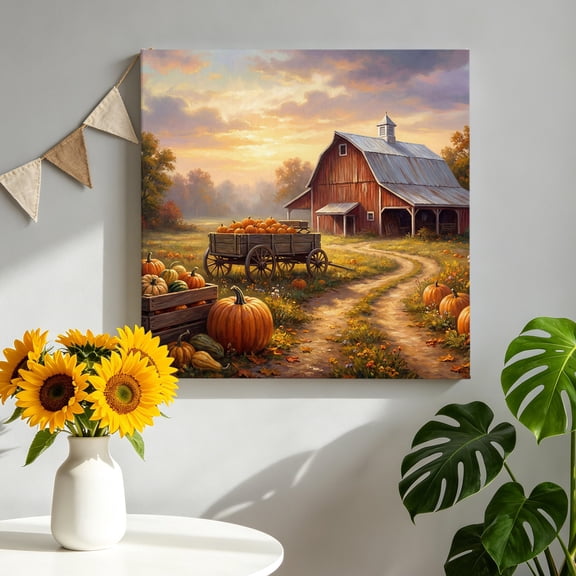 Fall Farm Canvas Wall Art for Living Room, Country Harvest Farmhouse Orange Pumpkin Barn Tree Poster Print Painting for Bedroom Office Home Decoration Wall Pictures Prepare To Hang 8"x8"