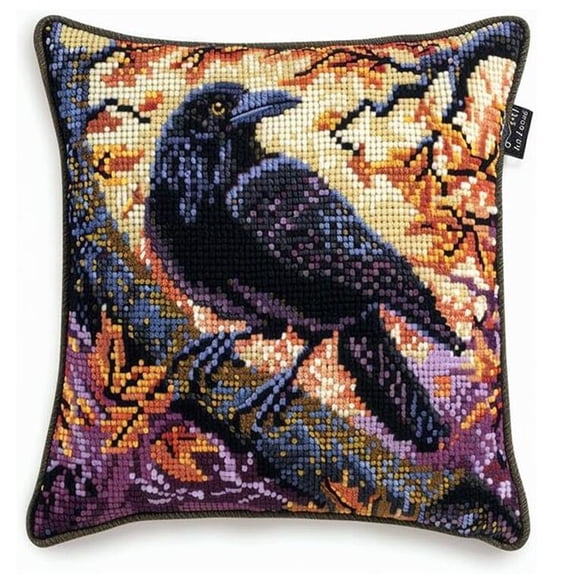 Fall Farm Embroidered Pillow Case Kits,Animal Bird Crow DIY Craft Throw Pillow Kit Gift,Embroidery Cross Stitch Kit for Home Decor