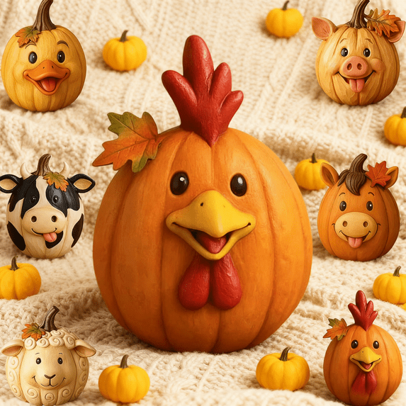 Fall Farm Pumpkin Ornaments - Resin Cow Pig Sheep Figurines, Hand-Painted Table Centerpiece, Porch Garden Yard Indoor Outdoor Decor E