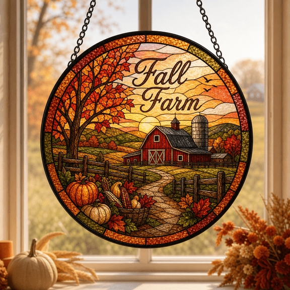 Fall Farm Stained Glass Suncatcher Autumn Barn Window Hanging Gift