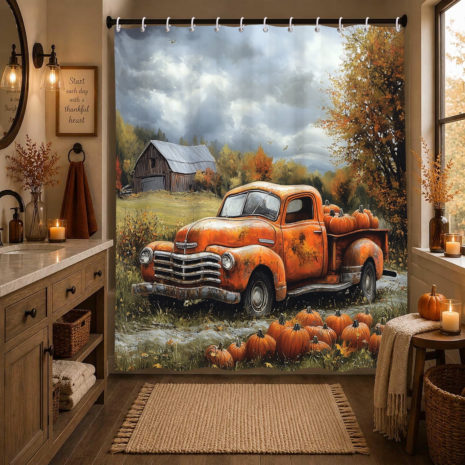 Fall Farm Truck Shower Curtain Rustic Pumpkin Barn Bathroom Curtain ...