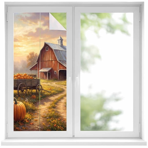 Fall Farm Window Privacy Film Country Harvest Farmhouse Orange Pumpkin Barn Tree Decorative Glass Window Film UV Blocking Static Cling Non-Adhesive Sticker Covering for Home Door 19.6 x 39.3 inches