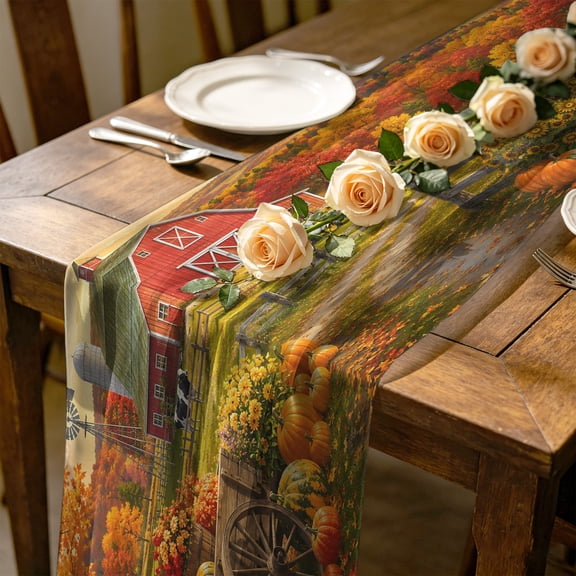 Fall Farmhouse 4.5 ft Cheesecloth Table Runner for Wedding 19"x55", Rural Red Barn Pumpkins Windmill Country Road Rustic Kitchen Dinner Sheer Tulle Chiffon Dresser Scarf, Holiday Party Decorations