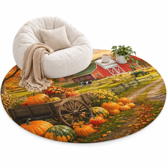 Fall Farmhouse Area Rug 4', Rural Red Barn Pumpkins Windmill Rustic ...