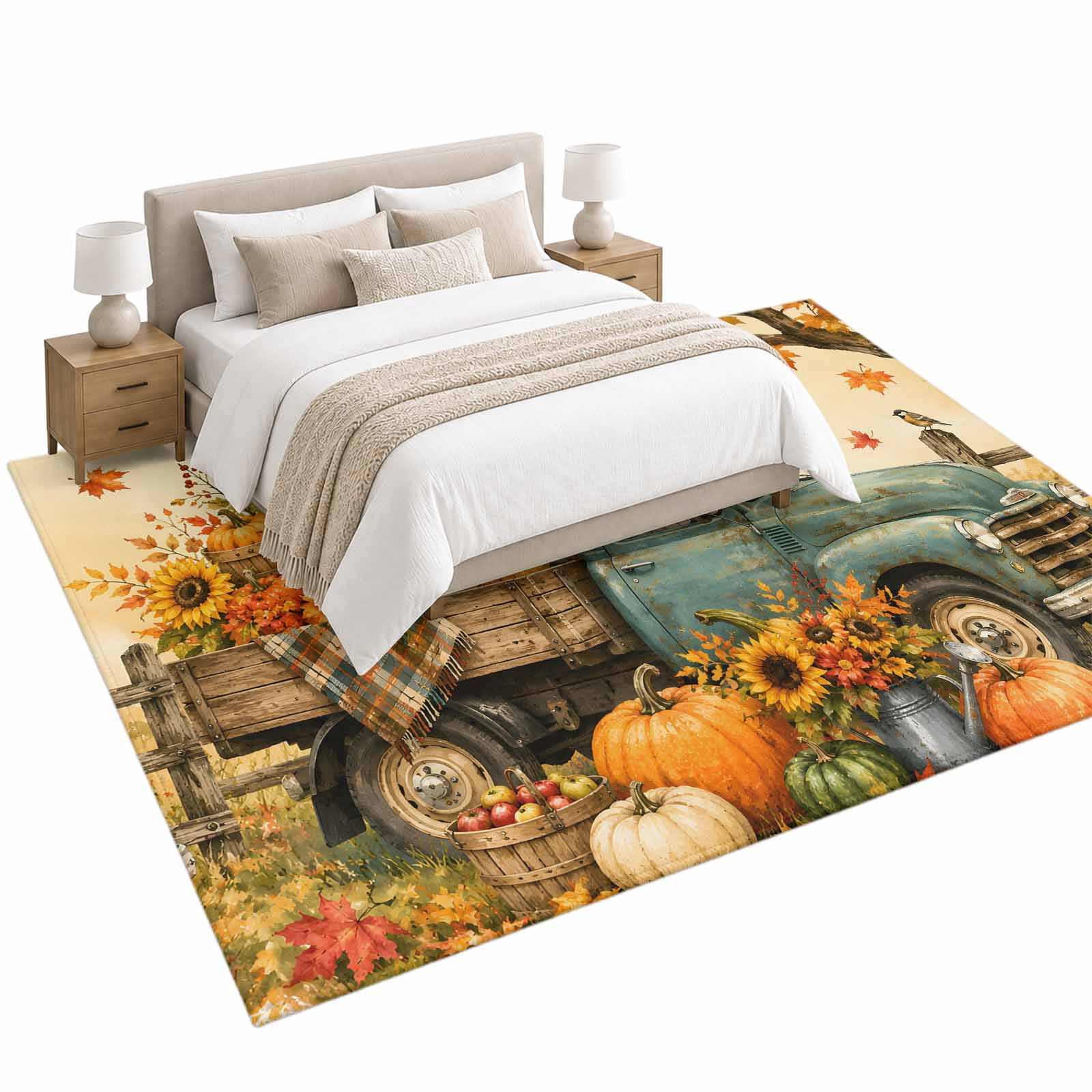 Fall Farmhouse Area Rug 6'x9', Vintage Truck Pumpkins Sunflower Maple ...