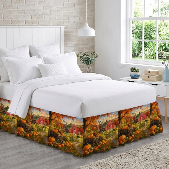 Fall Farmhouse Bed Skirt King Size 16 Inch Drop, Rural Red Barn Pumpkins Windmill Country Road Rustic Adjustable Elastic Dust Ruffles Bedskirt for King Bed Wrap Around Pleated Mattress Frame Cover