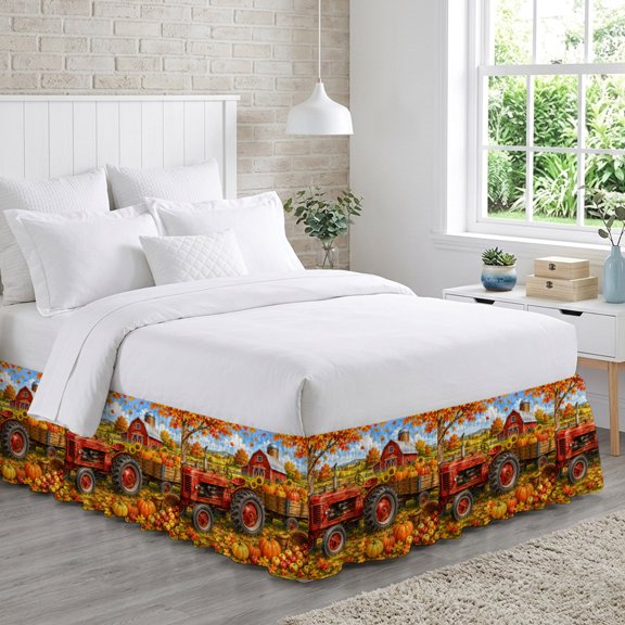 Fall Farmhouse Bed Skirt Queen Size 18 Inch Drop, Harvest Rural Orange Pumpkins Red Barn Wooden Trailer Adjustable Elastic Dust Ruffles Bedskirt for Queen Bed Wrap Around Pleated Mattress Frame Cover