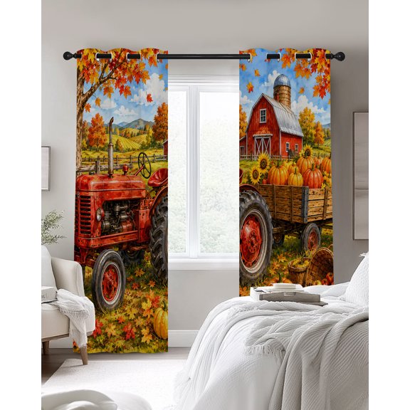Fall Farmhouse Blackout Curtains 2 Panels, Harvest Rural Orange Pumpkins Red Barn Wooden Trailer Thermal Insulated Grommet Window Curtains for Bedroom Living Room 27.5"x39"