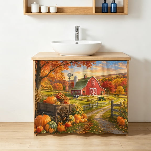 Fall Farmhouse Cabinet Curtains 10"W x 11"L, Rural Red Barn Pumpkins Windmill Country Road Rustic Under-Desk Privacy Dust Proof Drape Dishwasher Curtain Sink Skirt for Kitchen Closet Bathroom Laundry