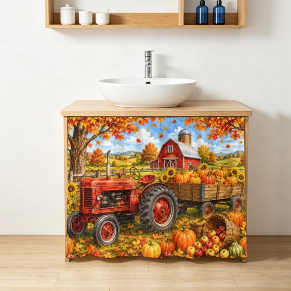 Fall Farmhouse Cabinet Curtains 10"Wx11"L, Harvest Rural Orange Pumpkins Red Barn Wooden Trailer Under-Desk Privacy Dust Proof Drape Dishwasher Curtain Sink Skirt for Kitchen Closet Bathroom Laundry