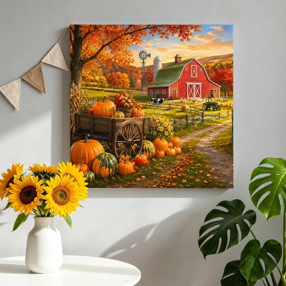 Fall Farmhouse Canvas Wall Art for Living Room, Rural Red Barn Pumpkins Windmill Country Road Rustic Poster Print Painting for Bedroom Office Home Decoration Wall Pictures Prepare To Hang 8"x8"
