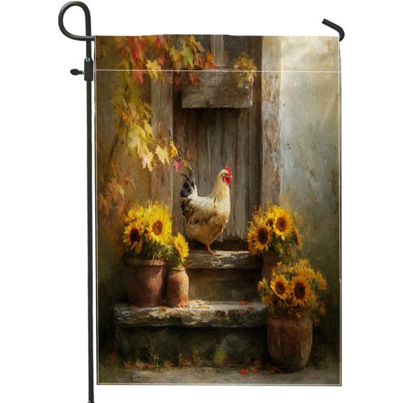 Fall Farmhouse Chicken Garden Flag 12x18 Inch Vertical Linen Outdoor Decor with Sunflowers for Front Yard, Backyard, Lawn and House
