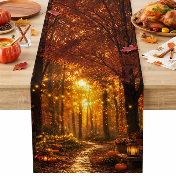 Fall Farmhouse Cotton Linen Table Runner Thanksgiving Country Forest Pumpkins Maple Leaf Tree Dining Table Runners for Home Decor Party Dining Room Restaurant Kitchen Party 13" x 120"