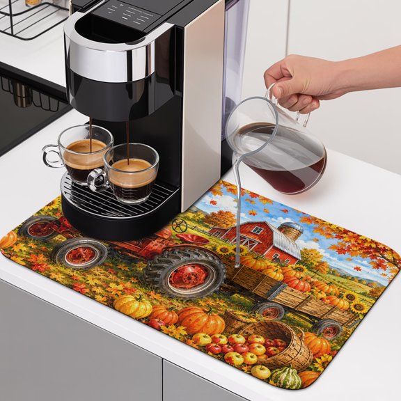 Fall Farmhouse Dish Drying Mats for Kitchen Counter, Harvest Rural Orange Pumpkins Red Barn Wooden Trailer Absorbent Coffee Bar Mat with Non-slip Rubber Backed Quick Drying Dish Rack Pad 12"x16"