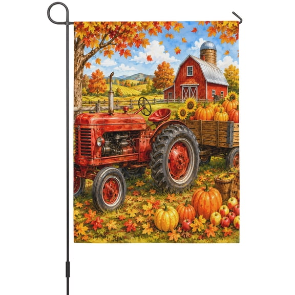 Fall Farmhouse Garden Flag 12x18 Inch Harvest Rural Orange Pumpkins Red Barn Wooden Trailer Double Sided Outdoor Garden Flags Welcome House Flag Decorative Yard Flags for Outside Holiday Decoration