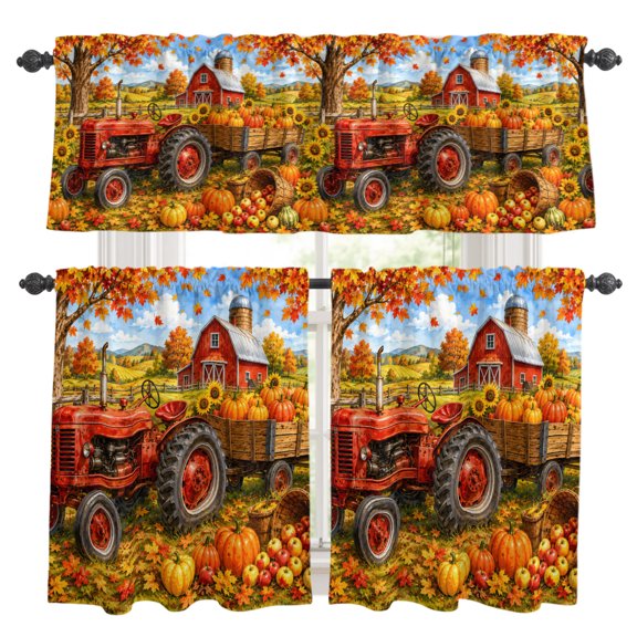 Fall Farmhouse Kitchen Curtains and Valances Set, Harvest Rural Orange Pumpkins Red Barn Wooden Trailer Rod Pocket Window Valance Window Curtain Panels for Living Room Bedroom, 27.5x24in, 3 Pieces
