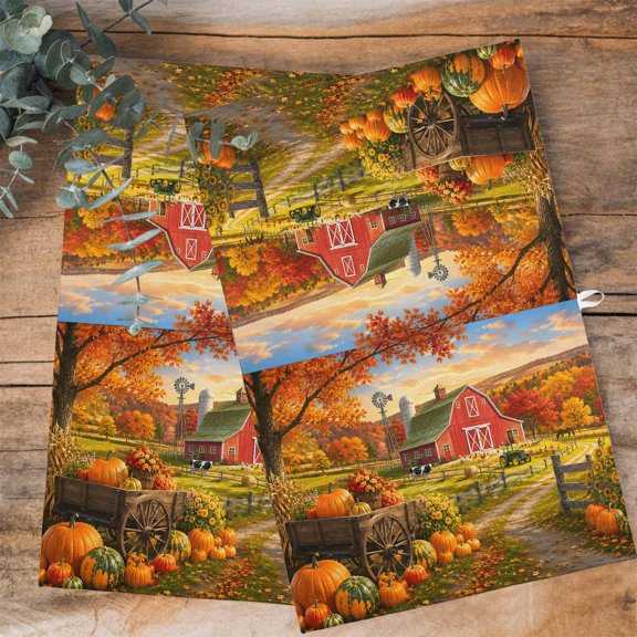 Fall Farmhouse Kitchen Towels Dish Towel Pack of 4 Rural Red Barn Pumpkins Windmill Rustic Soft Dish Cloth Set Absorbent Dishcloth for Drying Dishes, Hand Towels 18 x 28 Inches