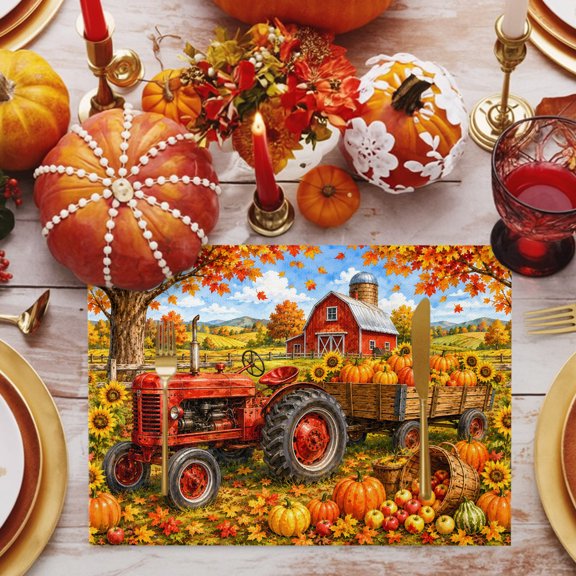 Fall Farmhouse Placemats Set of 1, Harvest Rural Orange Pumpkins Red Barn Wooden Trailer Non-Slip Place Mats Washable Table Mats for Kitchen Dining Table Decorations Indoor/Outdoor