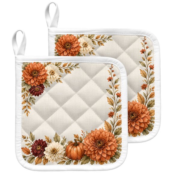 Fall Farmhouse Pot Holders for Kitchen Heat Insulation Potholder,Kitchen Pot Holders Sets Washable Oven Hot Pads Terry Cloth Trivet for Cooking Baking Thanksgiving Pumpkin Floral Leaves Rustic 2 Pack