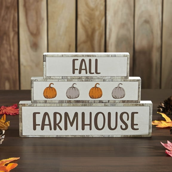 VHC Brands Fall Farmhouse Pumpkins Block Sign Set of 3 Sizes, Holiday Decoration for Tabletop, Table Decor for Fall