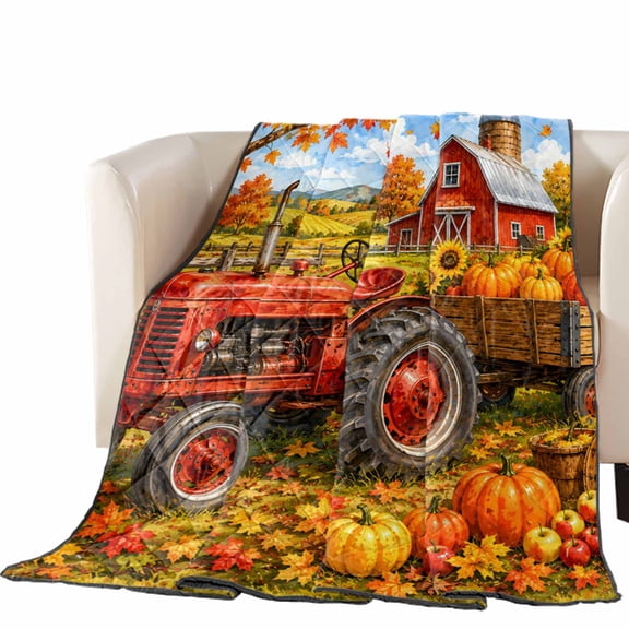 Fall Farmhouse Quilted Comforters Cooling Blanket Full Size, Harvest Rural Orange Pumpkins Red Barn Wooden Trailer Cold Comfort for Hot Sleepers Lightweight Air Conditioning Quilt Blanket for Bed