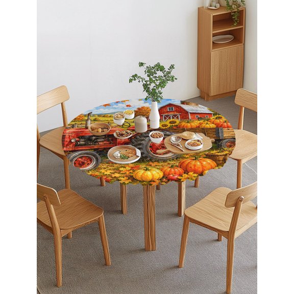 Fall Farmhouse Round Fitted Tablecloth with Elastic Edge, Harvest Rural Orange Pumpkins Red Barn Wooden Trailer Waterproof Stretch Table Covers for 36"-44" Tables Wipeable Table Cloth for Outdoor