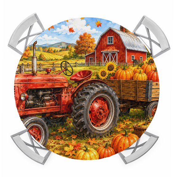 Fall Farmhouse Round Table Cover, Harvest Rural Orange Pumpkins Red Barn Wooden Trailer Waterproof Fitted Tablecloths for 36"-44" Tables, Washable Picnic Table Cover for Camping Dining Indoor Outdoor