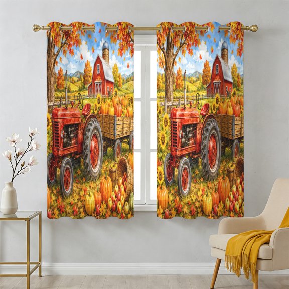 Fall Farmhouse Sheer Curtains 39 Inch Long 2 Panels, Harvest Rural Orange Pumpkins Red Barn Wooden Trailer Light Filtering Semi Sheer Drapes Grommet Voile Window Curtain for Living Bedroom W27.9xL39