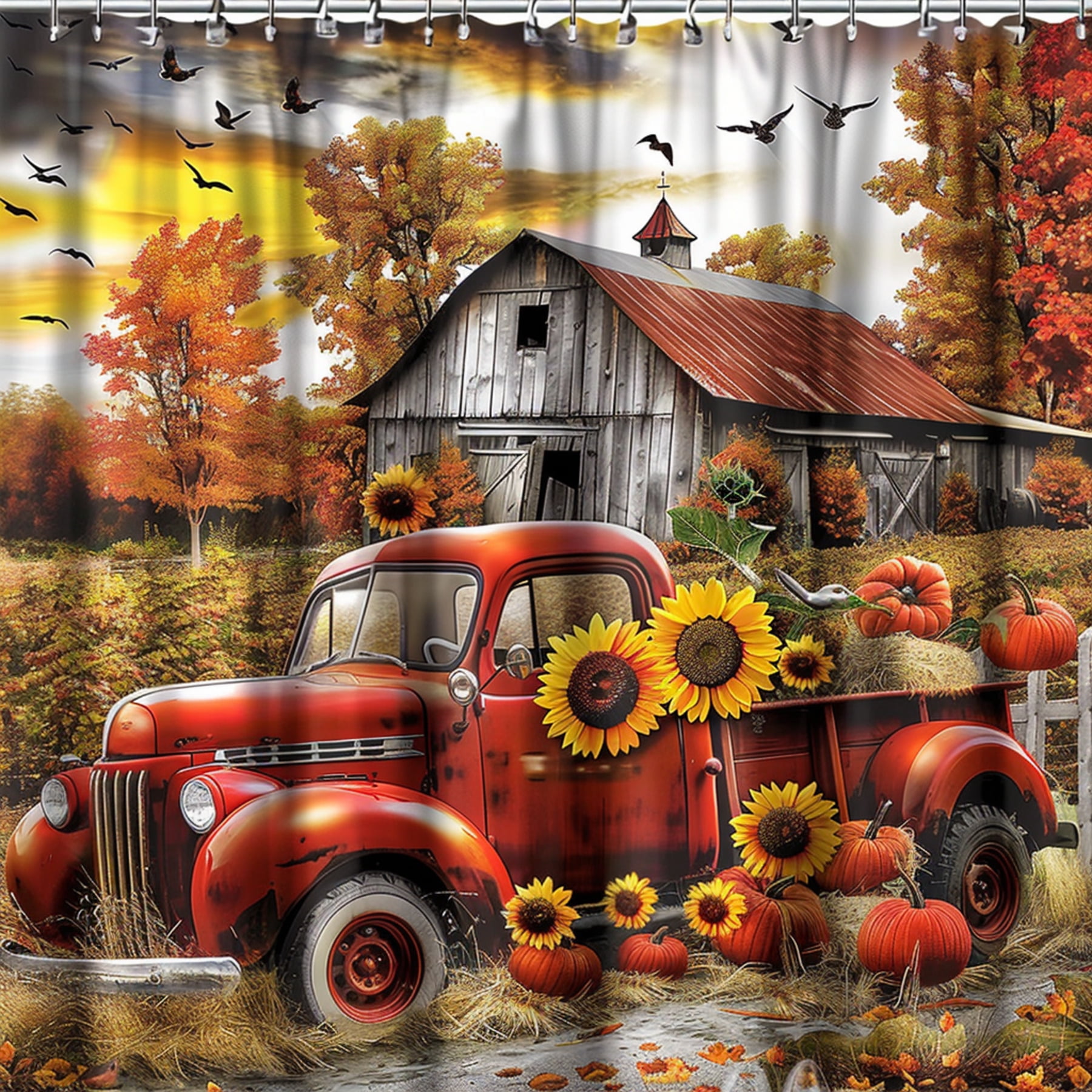 Fall Farmhouse Sunflower Shower Curtain Rustic Barn Truck Pumpkin Decor
