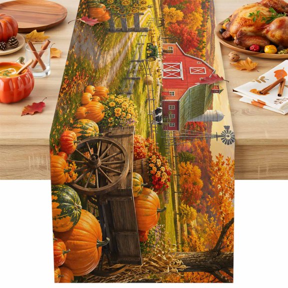 Fall Farmhouse Table Runner 13x36 Inch Rural Red Barn Pumpkins Windmill Country Road Rustic Cotton Linen Dining Table Runner Ideal for Dresser Kitchen Coffee Tables - Machine Washable