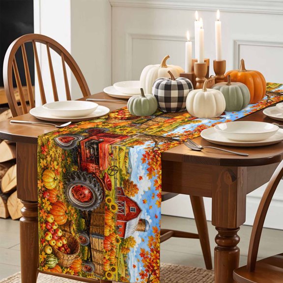 Fall Farmhouse Table Runner, Harvest Rural Orange Pumpkins Red Barn Wooden Trailer Cotton Linen Kitchen Dining Table Runner Cloth Dresser Scarf Decoration for Party Home Decor 13x36in