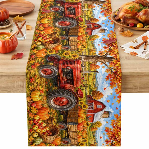 Fall Farmhouse Table Runner, Harvest Rural Orange Pumpkins Red Barn Wooden Trailer Cotton Linen Kitchen Table Decoration Washable Dining Tabletop Runners for Home Party Decor 13x48 Inches