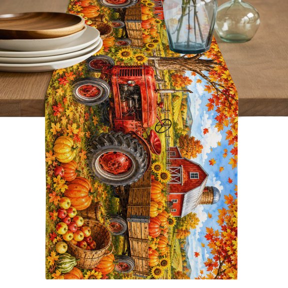 Fall Farmhouse Table Runner, Harvest Rural Orange Pumpkins Red Barn Wooden Trailer Cotton Linen Table Cloth, Tablerunner for Kitchen Dining Party Wedding Home Decor 13x36 Inch