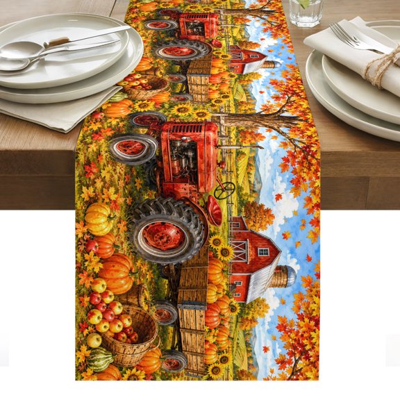 Fall Farmhouse Table Runner, Harvest Rural Orange Pumpkins Red Barn Wooden Trailer Washable Kitchen Table Runners for Dining Table Decorations Party/Restaurant/Indoor Outdoor Use, 13x36in
