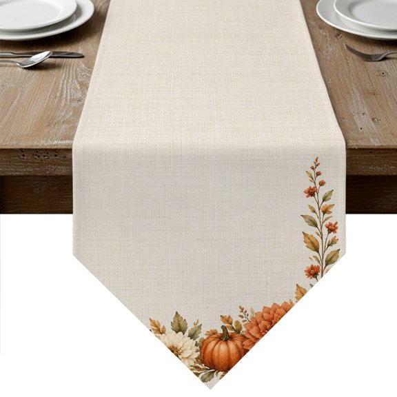 Fall Farmhouse Table Runner Linen Burlap Table Runner 120 Inches Long Thanksgiving Pumpkin Floral Leaves Rustic Dresser Scarves for Kitchen Island Coffee Dining Room Party Holiday Decoration 13"x120"