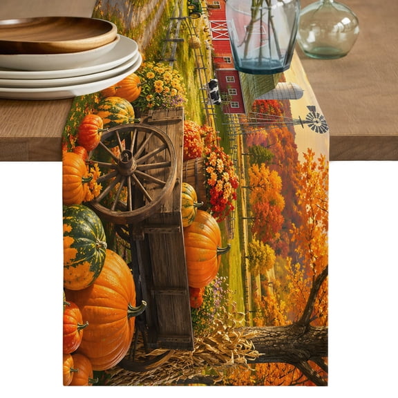 Fall Farmhouse Table Runner, Rural Red Barn Pumpkins Windmill Country Road Rustic Cotton Linen Table Cloth, Tablerunner for Kitchen Dining Party Wedding Home Decor 13x120 Inch