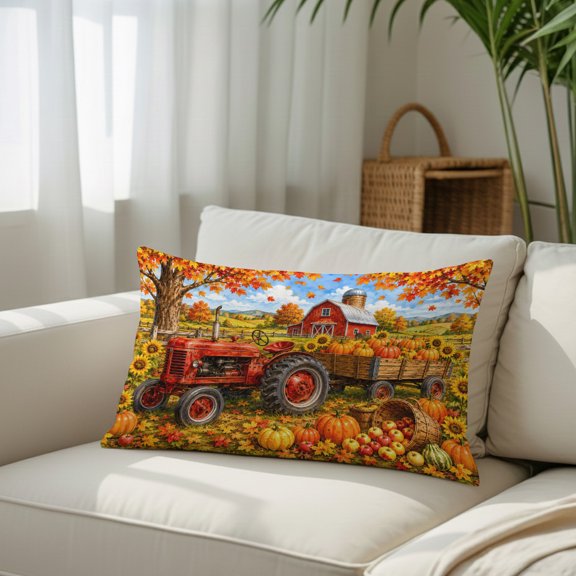 Fall Farmhouse Throw Pillow Covers, Harvest Rural Orange Pumpkins Red Barn Wooden Trailer Decorative Lumbar Throw Pillowcase Cushion Cover with Smooth Hidden Zipper for Bedroom Sofa 12 x 20 Inches